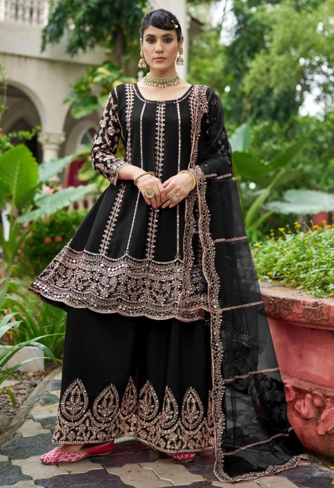 Black Chinon Salwar Suit with Embroidered and Mirror Work for Ceremonial
